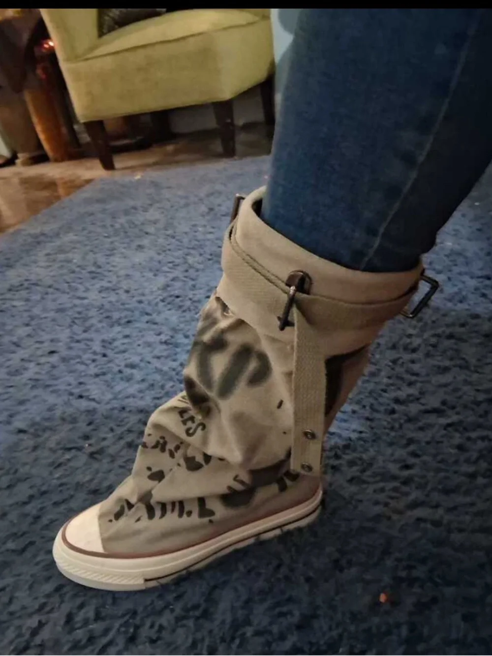 Canvas High-Top Boots in Beige with Black Print